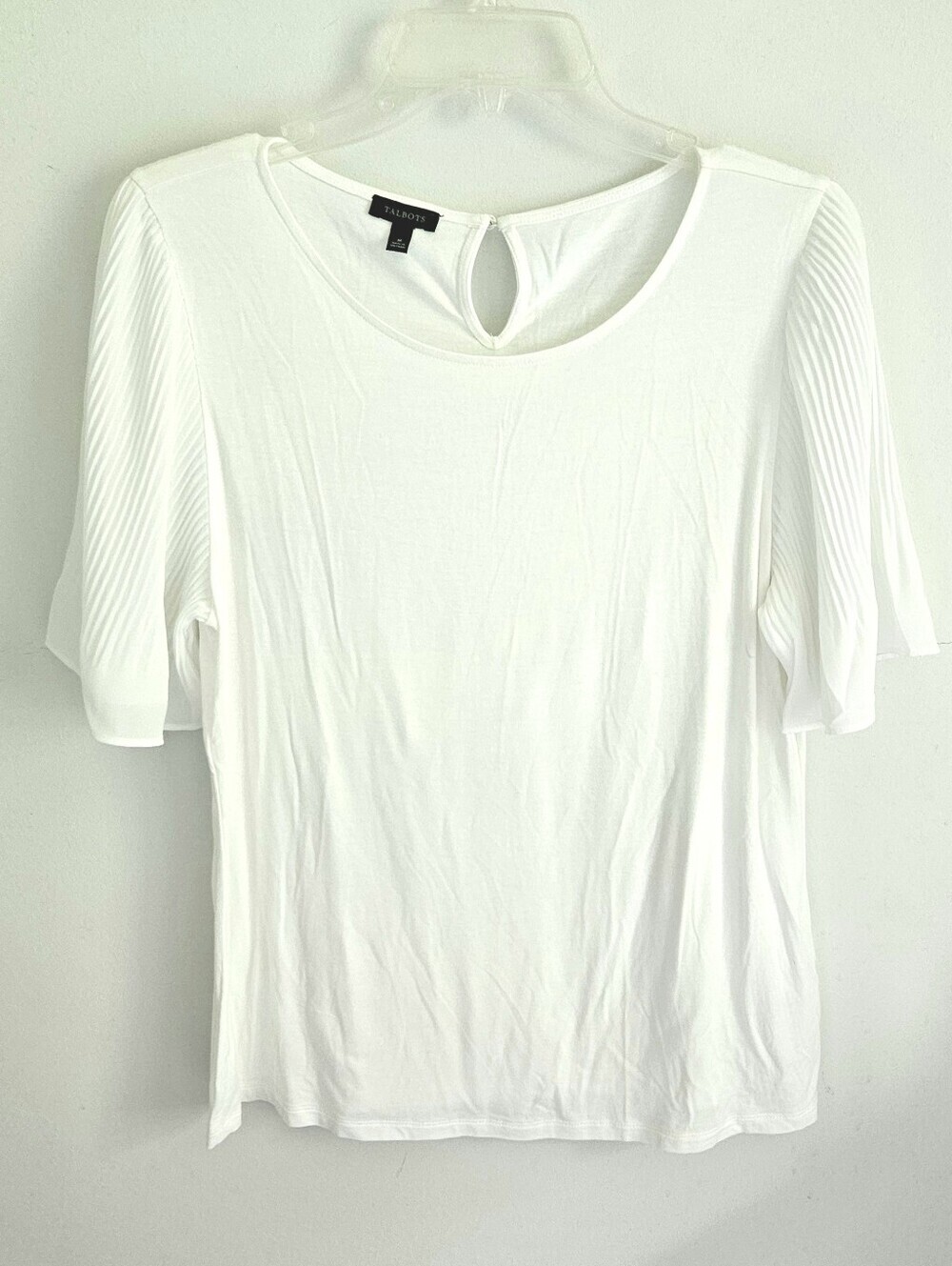 Talbots Rayon Soft Short Sleeve White Blouse Pleated Sleeves